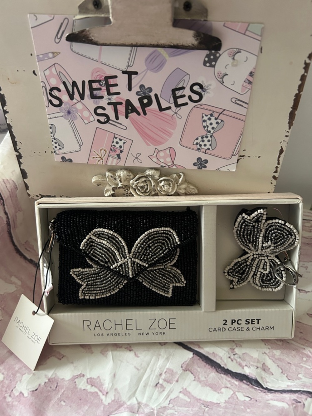 🎀Rachel Zoe Black Beaded Card Case w White Beaded Butterfly Charm